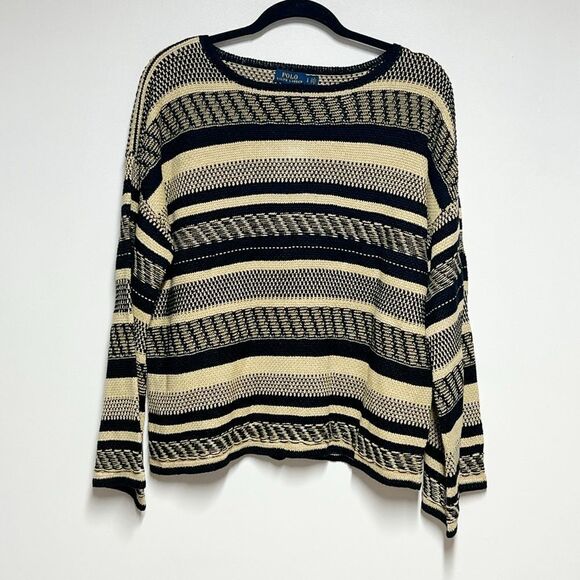 Polo Ralph Lauren Women's Linen blend Stripe Knit Sweater Black/Beige Sz L - Picture 5 of 7